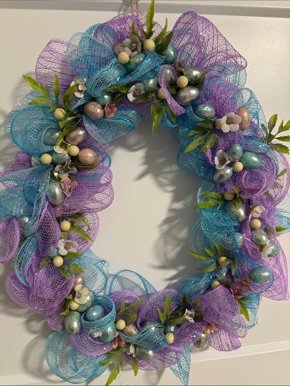 Handmade Spring Mesh Wreath with Blue and Purple Accents